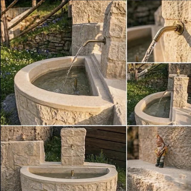 Sandsteinbrunnen im Garten in fünf Detailansichten